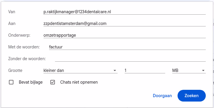 Gmail — filter maken voor gelijksoortige e-mails met doorstuurinstelling naar ZorgFact-adres